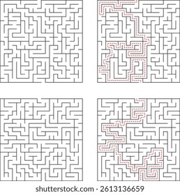 Solved And Unsolved Maze Puzzle Illustration Comprising Four Distinct Labyrinth Variations