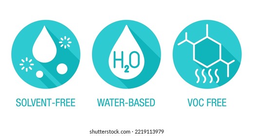 Solvent free, Water-based, VOC free - flat icons set with long shadows for labeling of cleaning agent or household chemicals svg