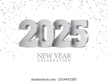 Solver new year wallpaper in with the word new year 2025. Design with Silver color 3D numbers on a white background. New year 2025 celebrations template greeting card or poster. Vector