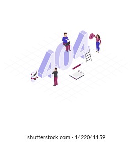 Solving 404 problem concept isometric illustration. Tiny IT specialists repairing disconnected, server. Robot, AI assistant  helping to fix technical malfunctions. Automated network mistakes detection