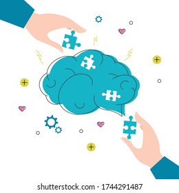 Solving brain puzzle Mental health concept Psychotherapy and psychology help Hands adding piece of brain puzzle Cartoon style flat vector illustration