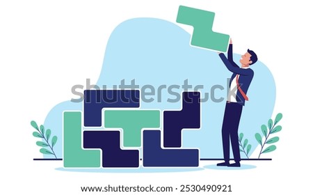 Solving business problem - Businessman person working with pieces of puzzle, laying bricks, building and solving logical challenge with layers of complexity piece by piece. Flat design illustration