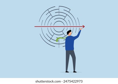 Solving business problem, businessmansolves maze puzzle with straight arrow.