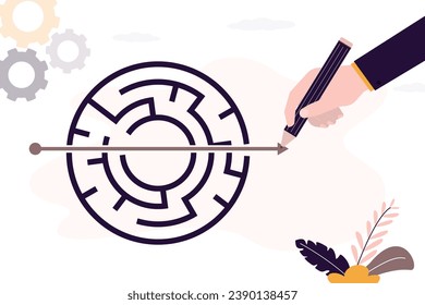 Solving business problem, creativity or imagination to think about solution. Strategy and planning to business success concept, businessman solve maze by straight line arrow. Overcoming obstacles.