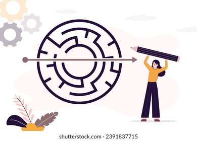 Solving business problem, creativity or imagination to think about solution. Strategy and planning to business success concept, businesswoman solve maze by straight line arrow. Overcoming obstacles.