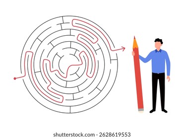 Solving business problem, creativity or imagination to think about solution, strategy and planning to business success concept. Businessman solve maze puzzle.