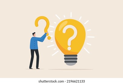 Solving business problems. Decisions and solutions using ideas. Businessman stand with question mark sign and light bulb.