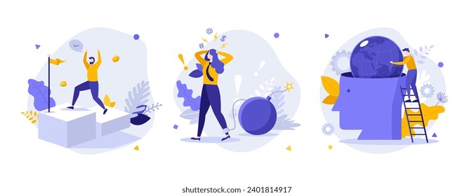 Solving business problems flat concept vector illustrations set. Reach goals, deadline fear and global thinking cartoon composition. Company development creative idea for website, presentation