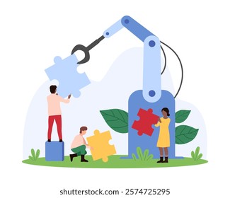 Solving business problems with help of AI tools, human and machine cooperation, office innovation. Tiny people and robotic hand holding pieces of colorful puzzles together cartoon vector illustration