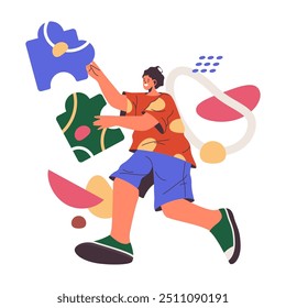 Solving business problems and issues in innovative and creative way, flat cartoon, vector illustration. Isolated personage with jigsaw puzzle pieces putting together in one picture