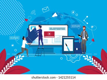 Solving Business Problems in Social Networks. Vector Illustration Blue Background. Content Managers Collect Material for News Feed. Man Business Suit Reads Information from Tablet Screen.