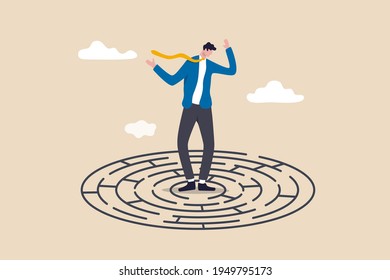 Solving complex business problem, difficulty or challenge to overcome to achieve success or business direction concept, confused businessman in the middle of maze labyrinth finding exit or the way out