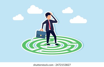  Solving complex business problems to overcome challenges and achieve success, concept of Confused businessman in maze, searching for the exit or way out
