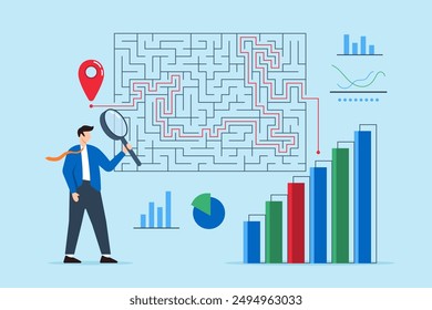 Solving complex market problems, strategic thinking, analytical problem-solving, business challenges concept vector illustration. Analysts navigating maze of financial graphs