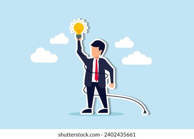 Solving complex problem, difficult idea or complicated solution, challenge or contemplation to overcome difficulty concept, frustrated businessman holding lightbulb idea while try to solve messy knot.