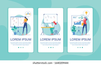 Solving Complicated Tasks. Young Women Brainstorming. Creative Ways Like Paper Stickers and Graphs to Find Required Complex Solutions and Inventive Ideas. Three Banners. Copy Space for Your Text.