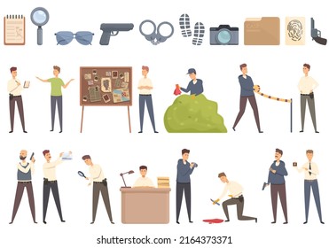 Solving The Crime Icons Set Cartoon Vector. Board Detective. Map Mystery