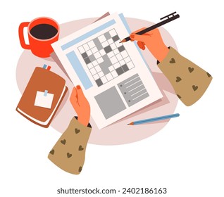 Solving the crossword puzzle. Hands holding a newspaper with a crossword puzzle. Flat vector illustration 