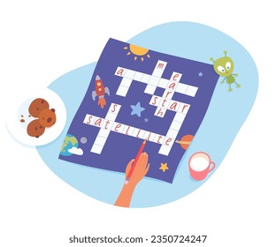 Solving crossword vector illustration. Cartoon isolated top view on hand holding pencil to solve space riddle and fill letters in empty cells, person thinking and brain training on quiz at table