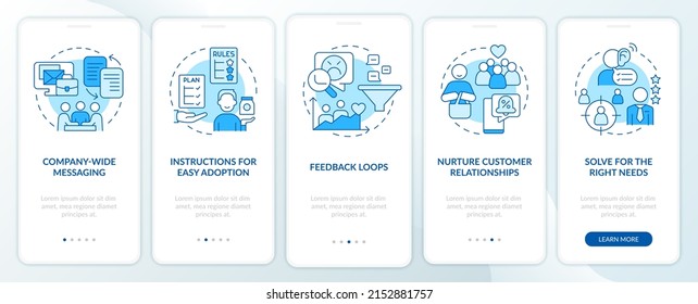 Solving for customer needs blue onboarding mobile app screen. Walkthrough 5 steps graphic instructions pages with linear concepts. UI, UX, GUI template. Myriad Pro-Bold, Regular fonts used