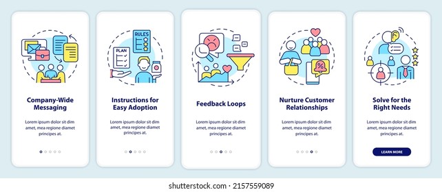 Resolver las necesidades de los clientes a bordo de la pantalla de aplicaciones móviles. Recorrido 5 pasos de páginas de instrucciones gráficas con conceptos lineales. UI, UX, plantilla GUI. Multitud de tipos de letra Pro-Bold, con uso regular