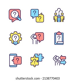Resolver diferentes preguntas Conjunto de iconos de color RGB. Buscando respuestas y soporte de información. Ilustraciones vectoriales aisladas. Colección de planos de línea simple rellena. Trazo editable