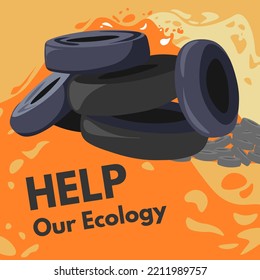 Solving ecological problems and ecology crisis, help our environment. Burning car tires with thick rubber and harmful compounds and chemicals for air. Banner vector in flat style illustration