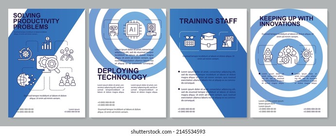 Solving employee issues blue brochure template. Productivity problems. Leaflet design with linear icons. 4 vector layouts for presentation, annual reports. Arial, Myriad Pro-Regular fonts used