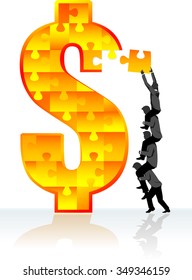 Solving Finances-Abstract concept artwork of grouped of men completing dollar symbol puzzle