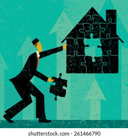 Solving Home Mortgage ProblemsBusinessman putting the puzzle pieces together to find a solution to home mortgage problems. The man and house is on a separate labeled layer from the background.