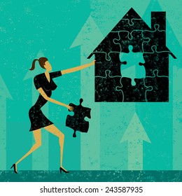 Solving Home Mortgage Problems Businesswoman putting the puzzle pieces together to find a solution to home mortgage problems. The woman and house is on a separate labeled layer from the background.