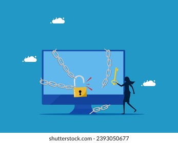 Solving information system problems. Businesswoman uses key to unlock 