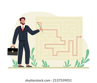 Solving labyrinth concept. Businessman with briefcase evaluates card. Building route, elements for site. Aspiring entrepreneur at poster, leadership and motivation. Cartoon flat vector illustration