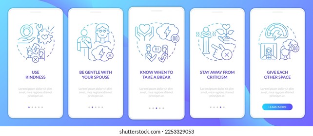 Solving marital problems blue gradient onboarding mobile app screen. Walkthrough 5 steps graphic instructions with linear concepts. UI, UX, GUI template. Myriad Pro-Bold, Regular fonts used