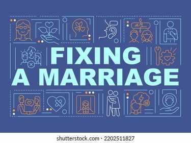 Solving marital problems word concepts dark blue banner. Counseling. Infographics with editable icons on color background. Isolated typography. Vector illustration with text. Arial-Black font used