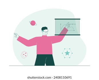 Solving math problems virtually with glasses, meta verse vector illustration.