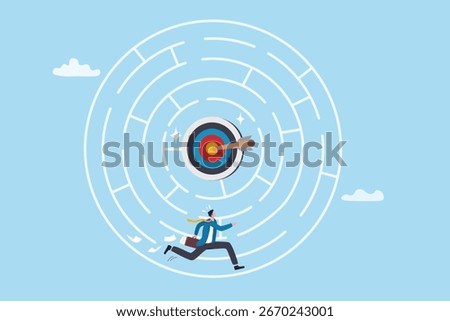 Solving maze problem, business puzzle solution to reach goal or target, challenge to solve problem, chaos or complexity, labyrinth concept, businessman run to solve maze problem to reach goal target.