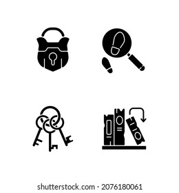 Solving Mystery Black Glyph Icons Set On White Space. Vintage Padlock. Keys On Ring For Lock. Solving Puzzles. Part Of Mystery Quest. Silhouette Symbols. Vector Isolated Illustration