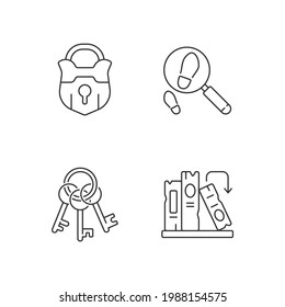 Solving mystery linear icons set. Vintage padlock. Keys on ring for lock. Solving puzzles. Part of quest. Customizable thin line contour symbols. Isolated vector outline illustrations. Editable stroke