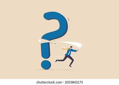 Solving problem, answer question or overcome difficulty, solution to eliminate trouble, unknown concept, confidence businessman cut question mark sign with his sword unveil exclamation mark as answer.