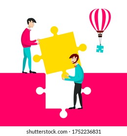 Solving Problem in Business Symbol. Two Men Holding Puzzle Piece with Hot Air Balloon on Sky - Vector.