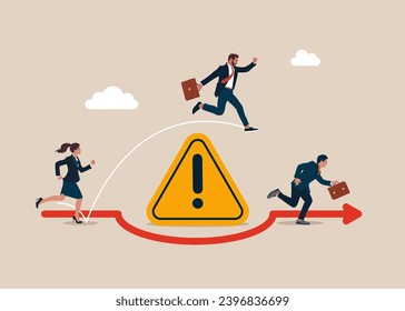 Solving problem. Business team run the way around and jump pass exclamation attention sign. Flat vector illustration