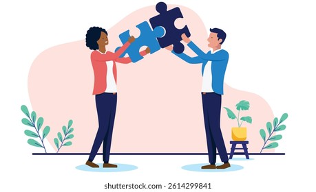 Solving problem in business - Two people working on method for logic and systematic jigsaw puzzle assembly and connections. Flat design vector graphic illustration