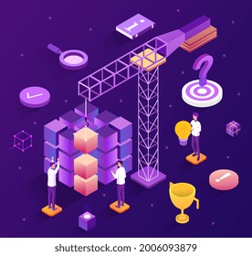 Solving problem concept. The characters build a strategy for solving business problems. A metaphor for improving the companys performance. Modern isometric vector illustration on a purple background