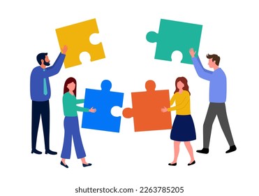 Solving problem concept vector illustration. Teamwork. Businesspeople putting puzzle jigsaw together in flat design on white background.