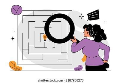 Solving problem concept. Young girl with magnifying glass studying labyrinth. Logical thinking, creative person looking for way. Brainstorming, insight and idea. Cartoon flat vector illustration