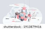 Solving problem and difficult work teamwork assemble tiny persons concept. Effective business solution strategy and complex task cooperation as successful performance process vector illustration.