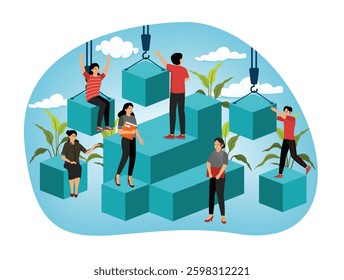Solving problem and difficult work teamwork assemble tiny persons concept. Effective business solution strategy and complex task cooperation as successful performance process.