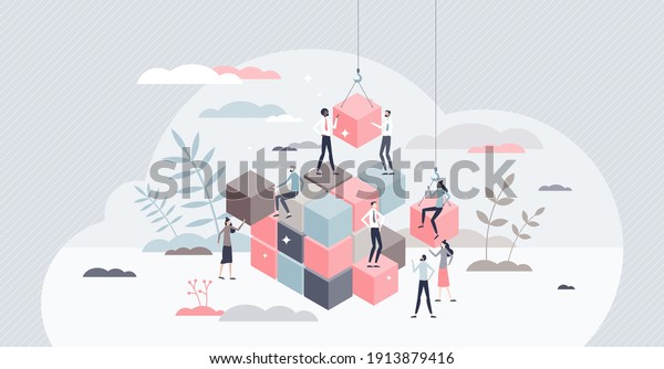 Solving problem and difficult work teamwork\
assemble tiny persons concept. Effective business solution strategy\
and complex task cooperation as successful performance process\
vector illustration.