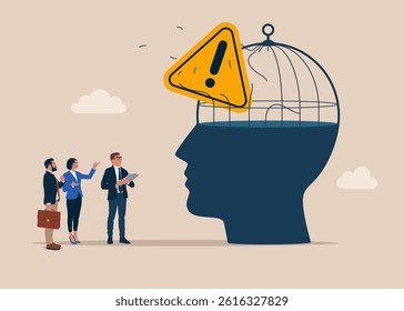 Solving problem. Exclamation sign out the cage on Big head human. Discussion, conversation, meeting, team communication, colleague chatting, opinion. Flat vector illustration.